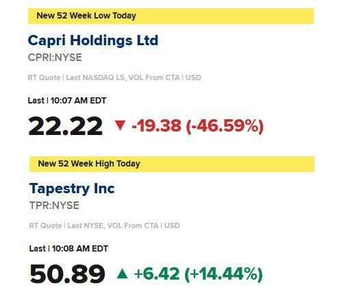 Акции Capri Holdings  материнская компания Michael Kors, Versace, Jimmy Choo  обвалились на 47% из-за запрета судом слияния c Tapestry  компания Coach .