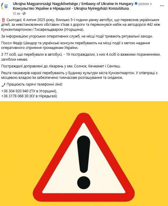 В Венгрии произошло ДТП с автобусом, в котором находились украинцы. По информации посольства Украины, травмы получили 19 человек, из них 17 — дети. Четверо пострадавших находятся в тяжёлом состоянии, жертв нет. Все раненые доставлены в местные больницы. По данным венгерской полиции, авария произошла утром 6 июля около 5:00 вблизи Кундялуша, на участке между Кунсентмартоном и Тисафельдваром. Автобус съехал в кювет и опрокинулся на бок у железнодорожного насыпи. В салоне находились 77 пассажиров — как взрослые, так и дети.