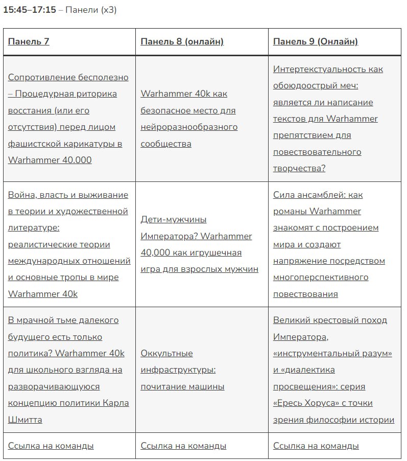 В Гейдельберге прошла «первая в мире академическая конференция, посвящённая всему, что связано с Warhammer» — на ней ученые немецкого университета на полном серьезе разбирали различные аспекты лора Warhammer 40K.  Всего было представлено более 50 презентаций: на них выступали теоретики, философы, учёные и фантасты.   Например, панель «Ксенобиология тиранидов в сравнении с реальными общественными насекомыми» проводили настоящие биологи, а «Средневековые корни бесконечного крестового похода Warhammer 40,000» — историки.   Организаторы пообещали выложить записи всех панелей в открытый доступ. Будет что послушать с ИИ-переводом.