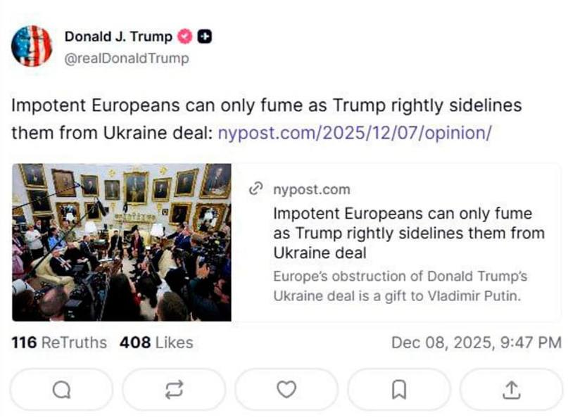 Трамп высмеял Европу из за Украины Дональд Трамп репостнул статью с резким заголовком в которой европейских лидеров называют импотентными Материал утверждает что Европа может лишь выражать недовольство когда президент США исключает её из договорённостей по Украине Подписаться