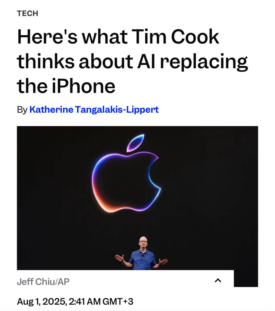 Тим Кук по-прежнему верит, что iPhone будет жить вечно. На созвоне с инвесторами глава Apple заявил, что не видит мир без айфонов: слишком уж много функций и смыслов в него вложено. Более того, Кук не считает развитие ИИ угрозой для своих смартфонов.  Но пока Кук рассуждает, конкуренты действуют: OpenAI, Google, Meta — у всех уже давно есть чёткая AI-стратегия, а у Apple есть разве что обещания и узнаваемый за прошлые заслуги бренд. Siri застряла в прошлом, Apple Intelligence — в будущем, а настоящего у компании просто нет.  Теперь становится понятно, почему Apple сейчас буксует: её руководитель наотрез отказывается что-то менять. А оставаться на плаву с устройством, которое придумали 18 лет назад — просто невозможно.    Точка роста