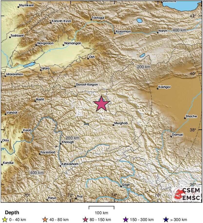 Землетрясение магнитудой 4.0 произошло - 96 км к северо-западу от Мургоба, Таджикистан. В субботу, 25 января 2025 года, в 11:14  UTC .    Магнитуда: 4.0   Глубина: 100 км.   Широта / Долгота: 38.92 / 73.41   Каталог: EMSC    Близлежащие населенные пункты: В 186 км к юго-востоку от Оша, Кыргызстан. В 96 км к северо-западу от Мургоба, Таджикистан.