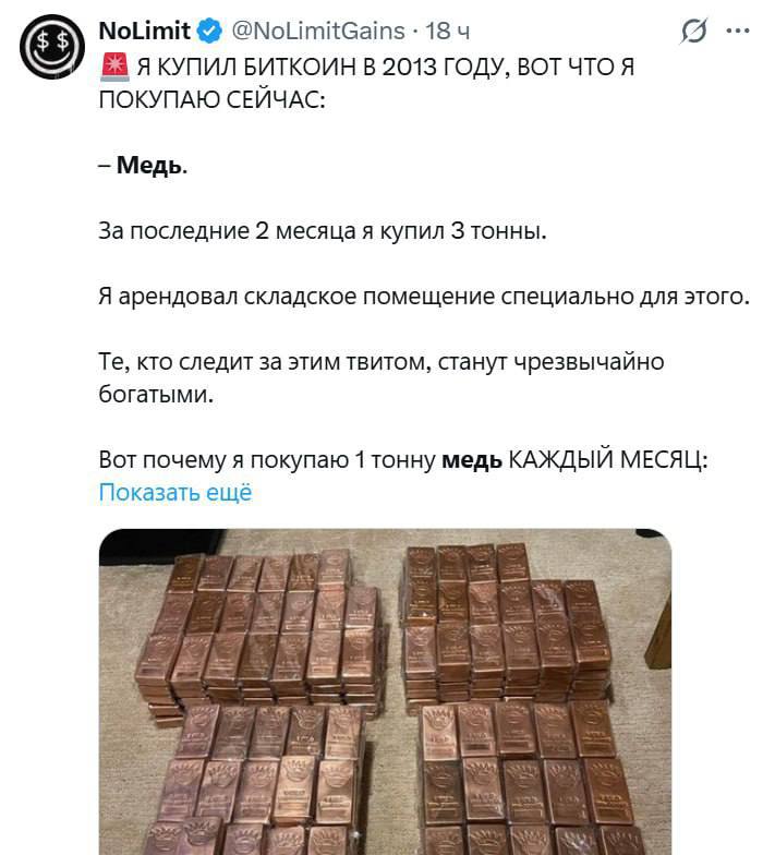 Инвестор который зашёл в биткоин ещё в 2013 м теперь активно скупает медь он уверен что к 2040 году мир столкнётся с жёстким дефицитом Причины бурный рост ИИ и дата центров медь для серверов и охлаждения электрокары и зелёная энергетика которые потребляют её намного больше и слишком долгий запуск новых шахт 17 20 лет Он считает что догнать спрос уже не успеют Бизнес Подписаться