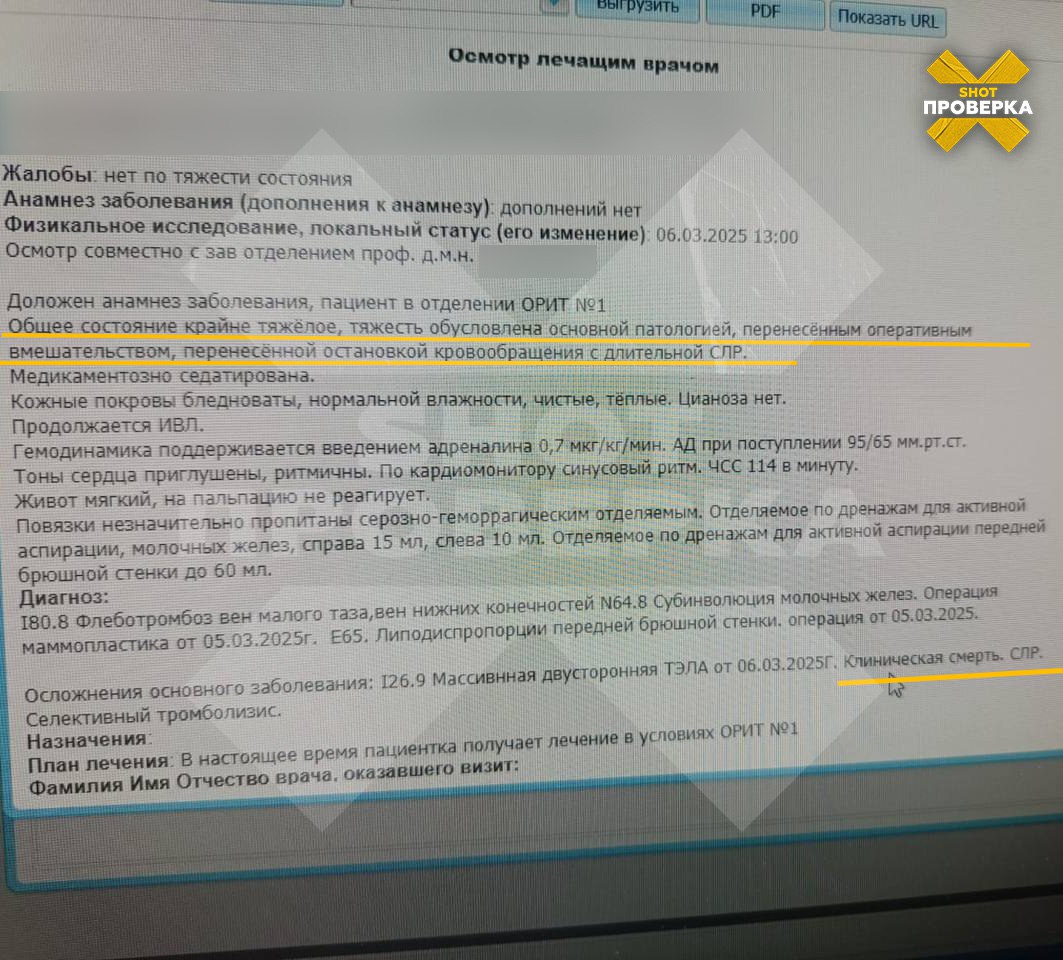 «Привезли в палату и бросили как мясо»: челябинка умерла после пластики груди и живота, в халатности обвиняют врачей. У девушки осталось трое детей  По-настоящему жуткая история развернулась в Челябинске: 39-летняя Анна Ф. обратилась в частную клинику пластической и эстетической хирургии профессора Пухова за маммопластикой и абдоминопластикой живота. Анализы девушки были в норме, противопоказаний не выявили. Операция стоила 560 тысяч рублей.   Родные сообщают, что поначалу казалось, что операция прошла успешно, однако вскоре Анна рассказала мужу, что врачи бросили её одну в палате без ухода и воды. Через день после операции Анна не вышла на связь, её лечащий врач сообщил мужу, что у неё оторвался тромб. 3 дня она провела в реанимации. Навестивший её муж заметил, что у жены была сильно вздута шея, а грудная клетка ходила ходуном от аппарата ИВЛ.   Разъярённый мужчина требовал объяснений, врачи заверили, что всё в норме. В этот же вечер ему сообщили о стабилизации состояния женщины, а на следующий день Анна умерла от остановки сердца. У женщины осталось трое детей 4, 8 и 12 лет.   По информации SHOT ПРОВЕРКИ, вскрытие показало, что причиной смерти женщины стали лёгочная эмболия, тромбоз вен и осложнение в ходе хирургического вмешательства на сосуды. Как сообщают близкие погибшей, операция длилась 4,5 часа вместо трёх заявленных. Спустя 6 часов после операции Анну должны были начать «расхаживать» во избежание тромбоза, но разрешили встать Ане только на следующий день. Это могло привести к смерти пациентки. Убитый горем вдовец теперь собирается доказывать вину врачей в суде.  SHOT ПРОВЕРКА связалась с клиникой, однако там в ответ на вопрос о произошедшем посоветовали связаться с проводившим операцию хирургом и бросили трубку.    Подписывайся