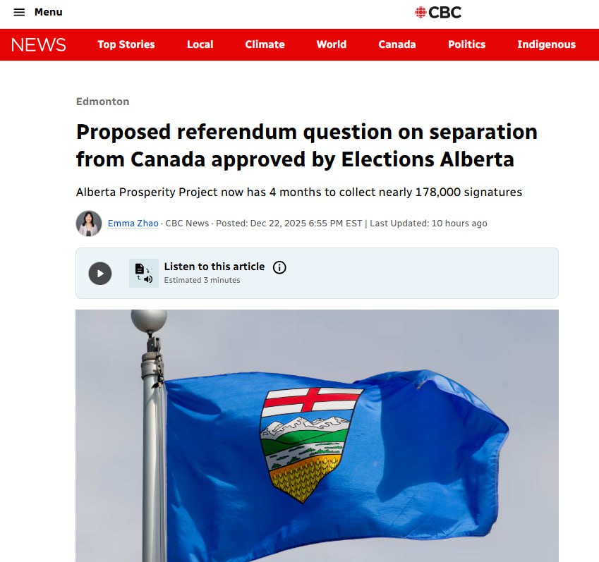 В канадской провинции Альберта могут провести референдум о выходе из состава страны Избирком канадской провинции Альберта согласовал сбор подписей в поддержку инициативы о выходе из состава страны Кампанию инициировала общественная организация Проект процветания Альберты До конца года она должна назначить финансового директора после чего у нее будет четыре месяца на сбор подписей Инициатива должна получить одобрение от примерно 178 тыс жителей провинции в поддержку проведения референдума Провинция является четвёртой в стране по населённости в ней проживает 4 2 млн человек Подписывайтесь на Выборный в МАХ