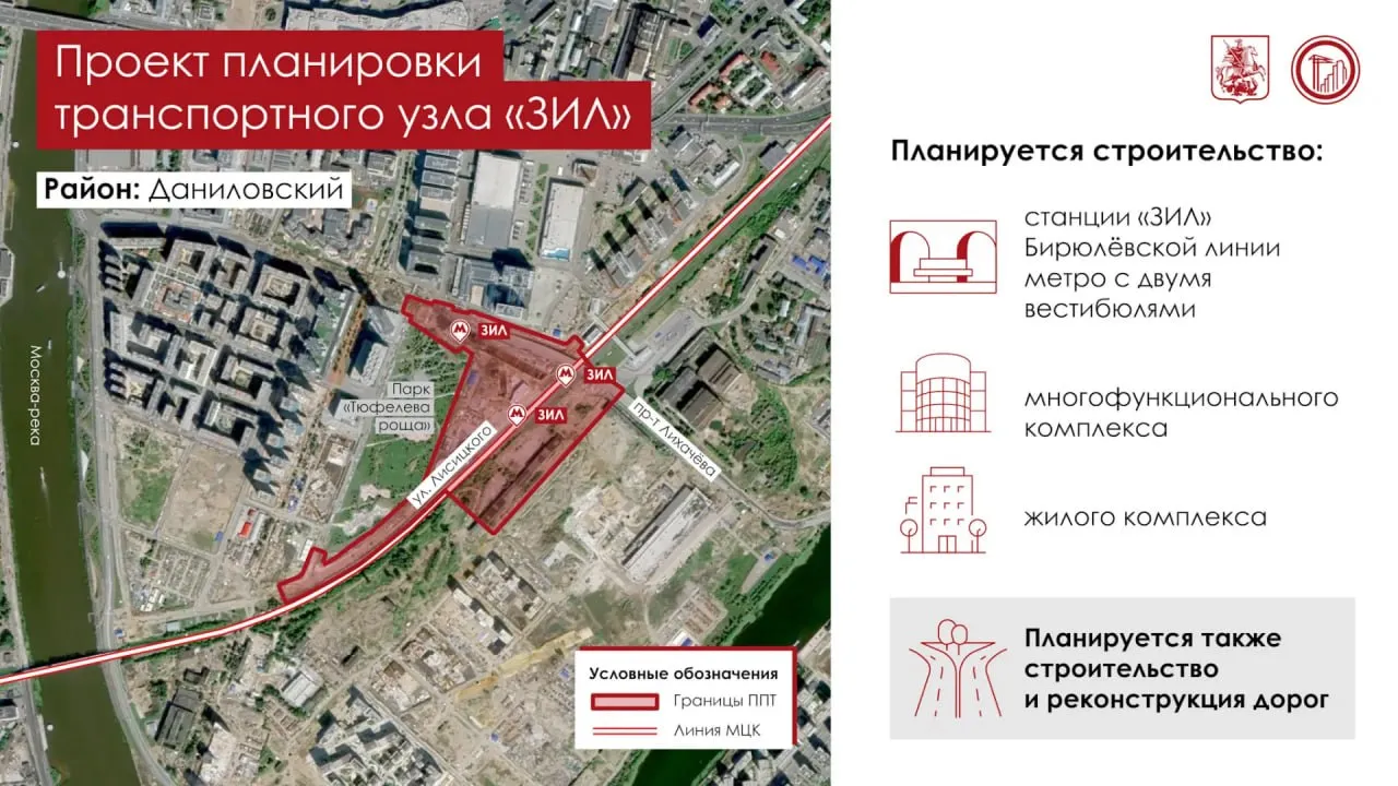 Утвержден проект планировки территории транспортного узла ЗИЛ сообщил Сергей Собянин На площади больше 15 га в Даниловском районе будет построено несколько объектов  Станция ЗИЛ Бирюлeвской линии метро с двумя вестибюлями на пересечении проспекта Лихачeва с ул Лисицкого Один из них будет интегрирован с одноимeнной станцией МЦК Пассажиры смогут переходить между МЦК Троицкой и Бирюлeвской линиями не выходя на улицу  Многофункциональный комплекс с торговыми площадями пунктами общественного питания локациями для досуга Это позволит создать порядка 2 5 тыс рабочих мест  Жилой комплекс общей площадью 84 5 тыс кв м с подземным паркингом Также проект предусматривает строительство и реконструкцию дорог участков проспекта Лихачeва проектируемого проезда 8082 ул Лисицкого и ул Архитектора Леонидова С западной стороны проспекта Лихачeва к транспортному узлу ЗИЛ будут подходить три маршрута наземного городского транспорта Агентство Москва в Max
