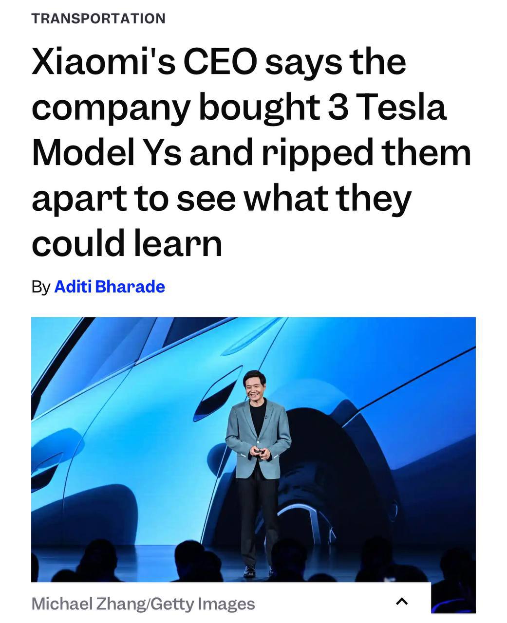 Анекдот дня Xiaomi открыто заявили что купили три машины Tesla чтобы изучать их технологии Глава компании Лэй Цзюнь признался что разобрал тачки буквально до винтика и назвал Model Y очень выдающейся машиной Xiaomi публично заявляет что новый электрокар Xiaomi YU7 существует благодаря разработкам Маска И пока Tesla в Китае теряет продажи минус 4 в августе YU7 уже собрал 240000 предзаказов за первые сутки Точка роста