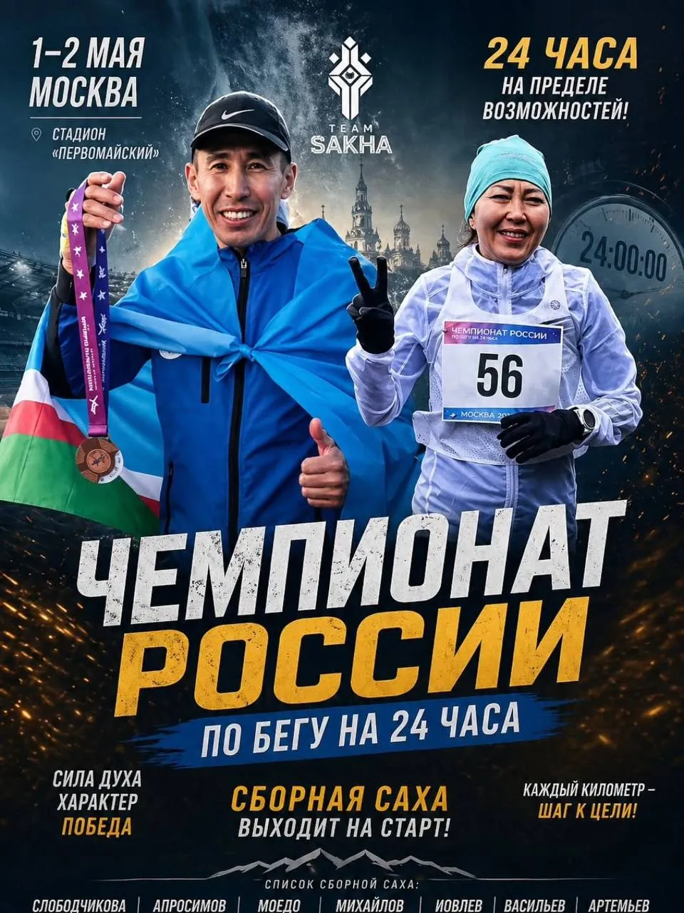 Сборная Саха на чемпионате России по суточному бег С 1 по 2 мая 2026 года в Москве пройдёт чемпионат России по бегу на 24 часа Состав команды Саха Слободчикова Полина Апросимов Михаил Моедо Александр Михайлов Юрий Иовлев Егор Васильев Павел Артемьев Артем Место проведения стадион Первомайский  Начало старта в 12 00 по мск Ссылка на прямой эфир у нас с ТГ канале sulussport