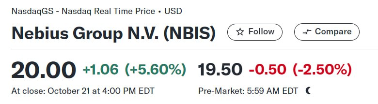 #LTI_новости  Вчера начали торговаться акции Nebius на Nasdaq. На открытии падали чуть ниже $15 за акцию, но закрылись ровно по $20. Я делал анализ перед открытием торгов и рассчитал "справедливую" цену в $20.2 - идеальное попадание :   Правда сделки с акциями Nebius пока недоступны в Interactive Brokers и большинстве других зарубежных брокеров - видимо они еще не сняли ограничения, которые ставили на старый тикер YNDX после остановки торгов. Скорее всего доступ к торгам акциями NBIS в большинстве брокеров появится в ближайшее время.