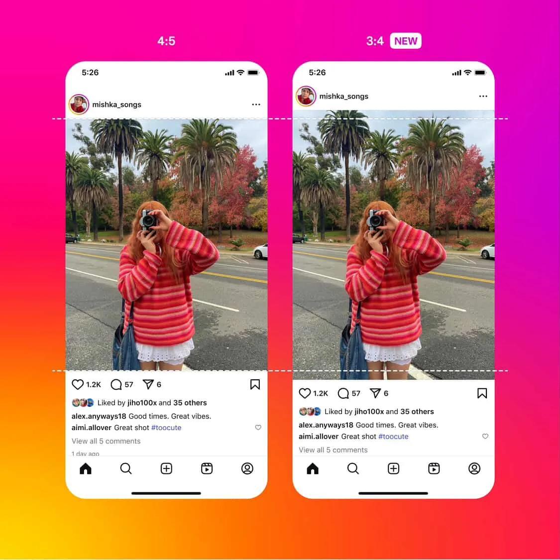 Instagram теперь отображает фотографии в формате 3:4 — это стандартное соотношение почти у всех камер смартфонов. Раньше такие кадры приходилось подгонять под квадрат или 4:5. С января Instagram перешёл с квадратных фотографий в сетке профиля на вертикальные в формате 4:5. Платформа постепенно подстраивается под вертикальный контент. Meta и соцсети компании Threads, Facebook и Instagram признаны экстремистскими и запрещены в РФ