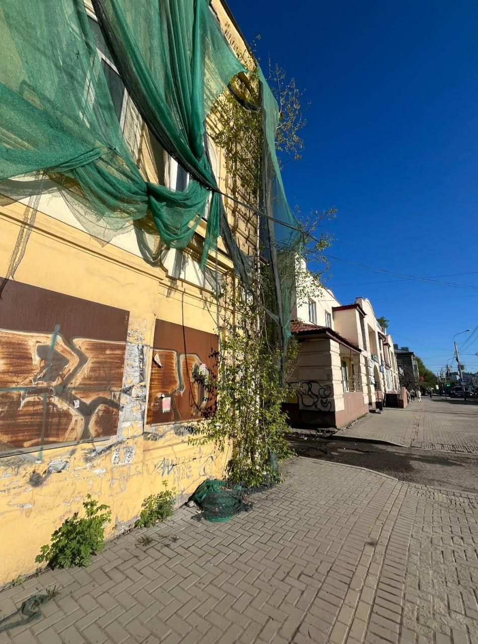 В Томске заброшенный дом на улице Ленина завешали укрывным материалом и закрасили часть граффити. А еще срубили березку в углу, которая за пару десятилетий вымахала выше самого здания. К слову, здание — памятник архитектуры, жилой дом конца XIX века. Фото: Город не бесит Подписаться Прислать нам новостью