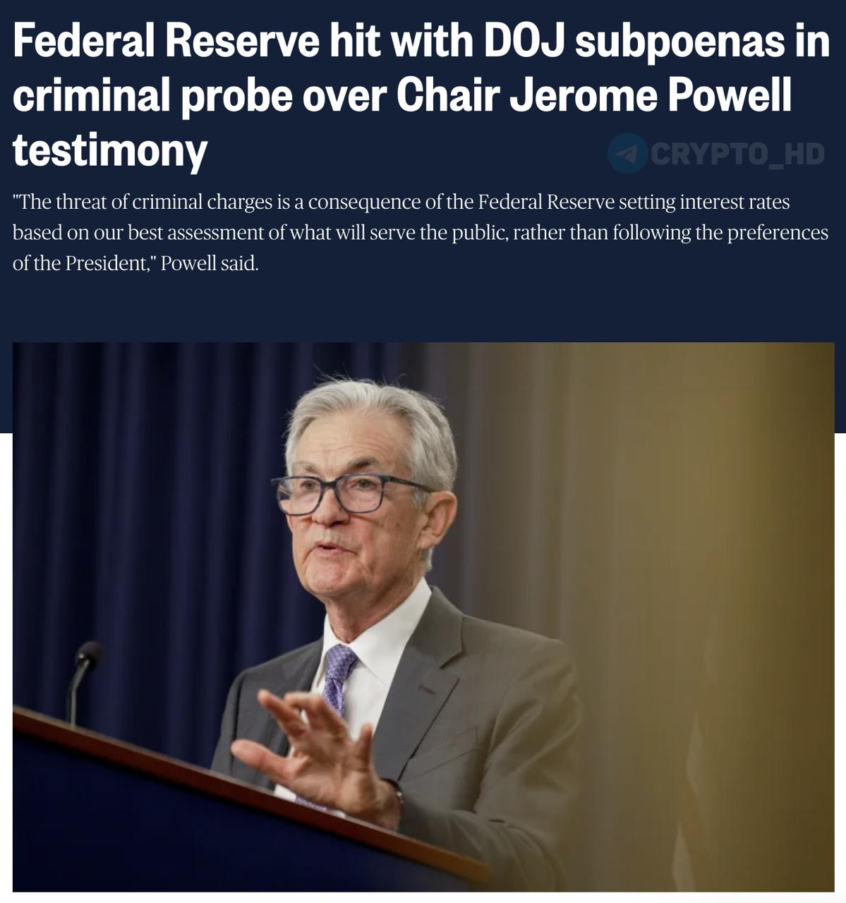 Минюст США начал проверку главы ФРС Джерома Пауэлла Формальным поводом стали показания Пауэлла в Сенате относительно модернизации здания ФРС Глава регулятора утверждает что истинной причиной расследования является нежелание ФРС снижать ключевую ставку по указке Дональда Трампа Президент США публично отверг обвинения однако вновь подверг критике Пауэлла подчеркнув чрезмерную жесткость американской кредитной политики investing investing