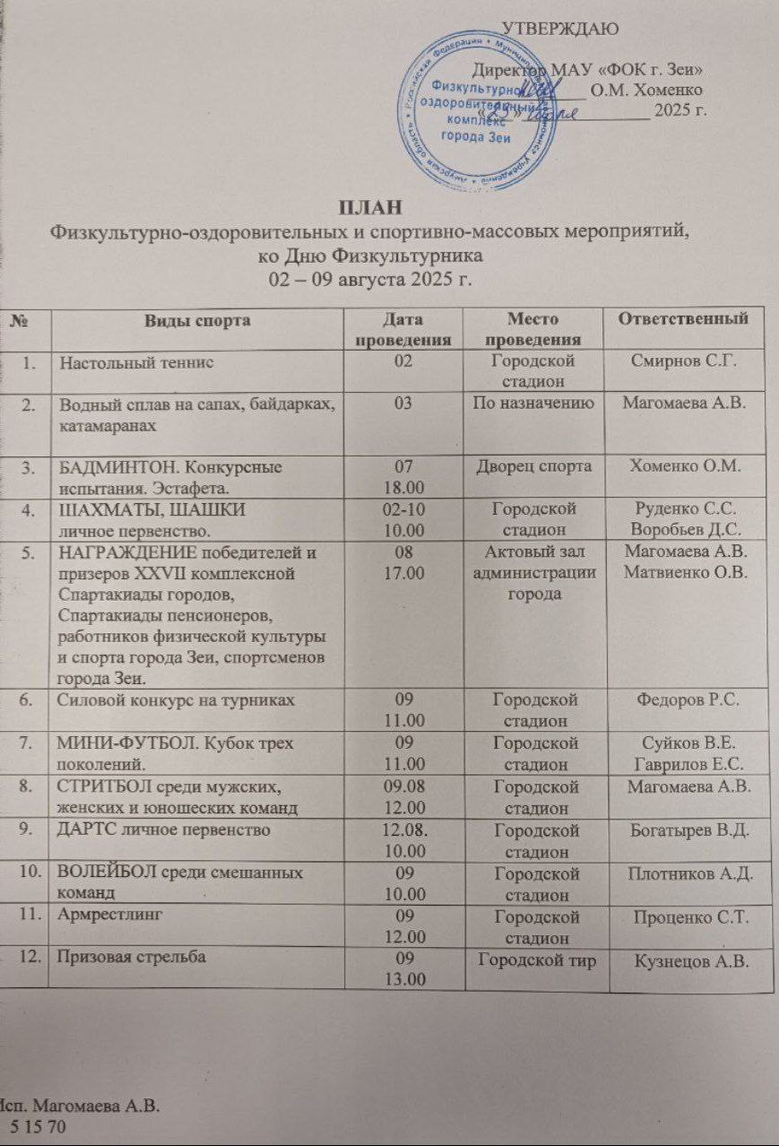 Со 2 по 9 августа в городе пройдут спортивные мероприятия, посвященные Дню физкультурника. Состязаться спортсмены будут во Дворце спорта, на стадионе, в тире, сообщает физкультурно-оздоровительный комплекс. 8 августа в администрации города наградят лучших спортсменов города, победителей и призёров спартакиад, работников физической культуры и спорта. #ЗейскийВестник