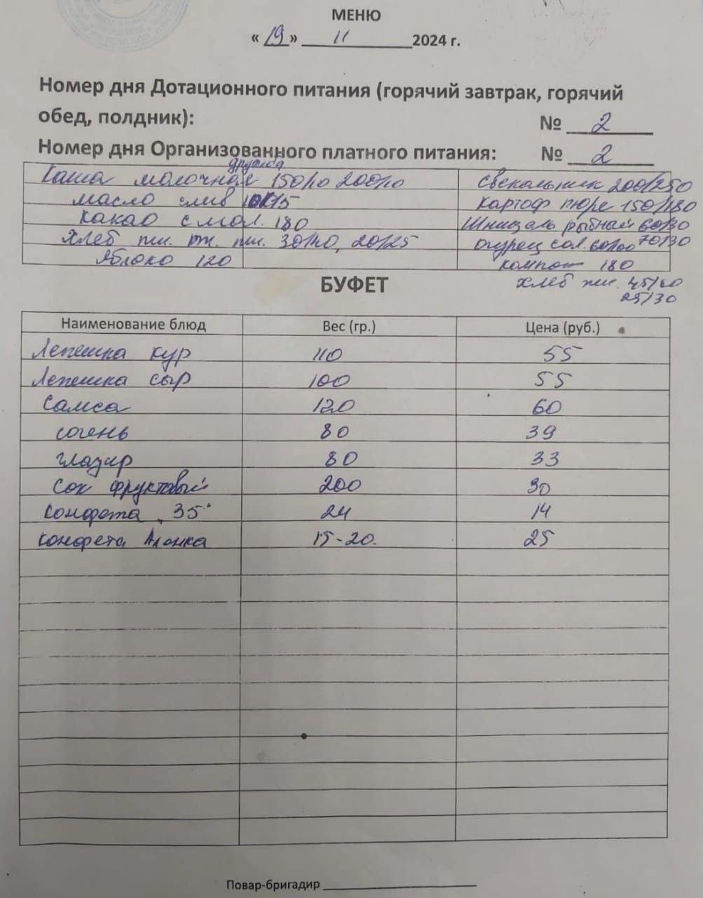 Все дети, которые отравились в канской школе, ели обед. Об этом сообщили в СК.  На фото — меню в школе того дня.