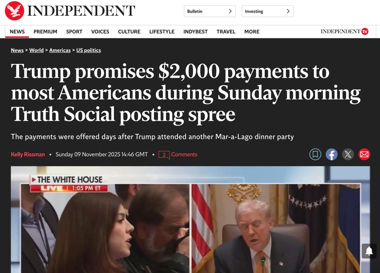 Трамп пообещал выплатить почти каждому американцу по 2000 в качестве дивидендов с введенных тарифов Выплата в размере 2 тыс около 162 тыс по словам Трампа достанется каждому американцу за исключением людей с высокими доходами Трамп об этом заявил в своей соцсети отметив что это дивиденды с тарифов которые США в последнее время вводили против других стран Independent finlock