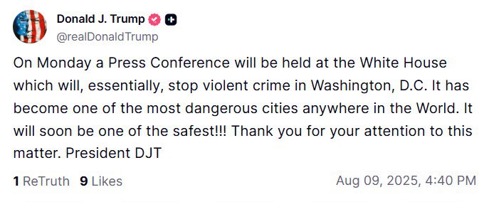 Трамп: В понедельник в Белом доме состоится пресс-конференция, которая, по сути, положит конец насильственной преступности в Вашингтоне, округ Колумбия. Этот город стал одним из самых опасных в мире. Скоро он станет одним из самых безопасных!!! Спасибо за внимание к этому вопросу.