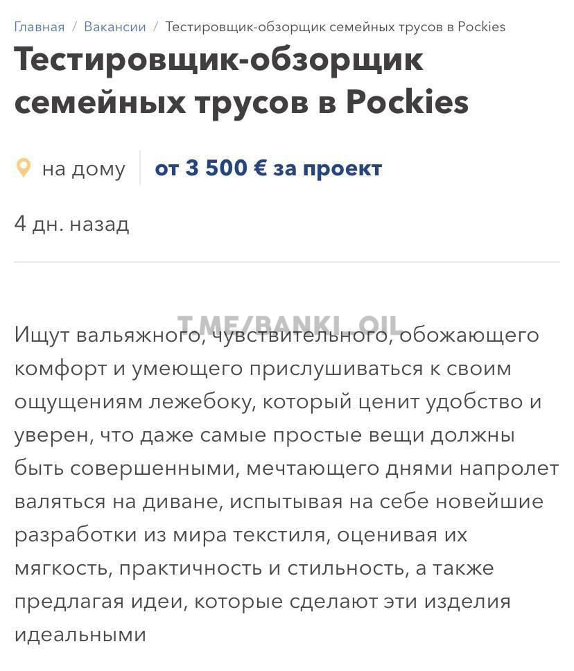 Более 350 тысяч рублей в месяц готовы платить тестировщику семейных трусов в Нидерландах. В нижнем белье нужно лежать на диване и ничего не делать, а потом оценить качество трусов.