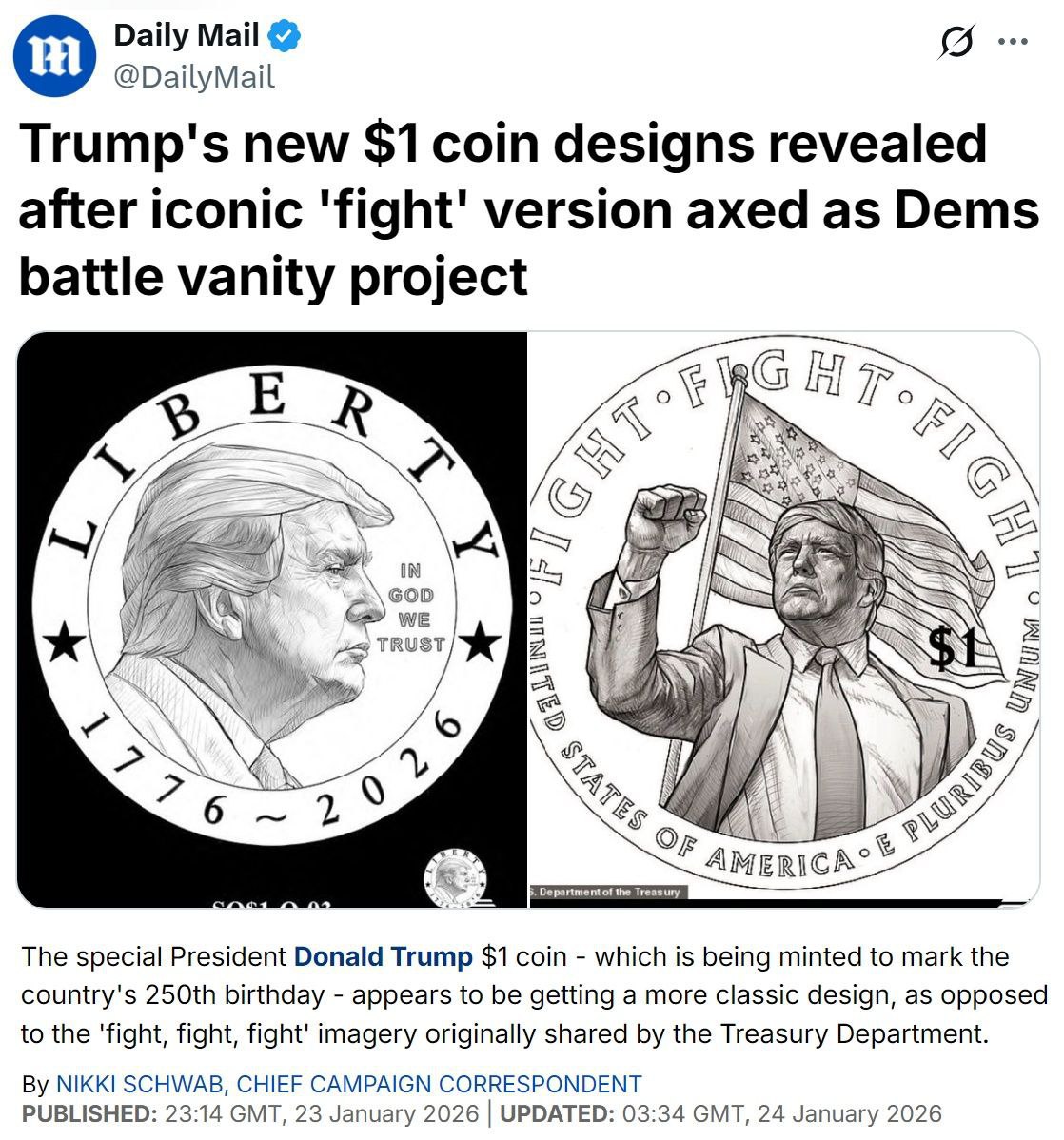 Утвержден дизайн памятной монеты достоинством в 1 доллар которая будет выпущена позже в этом году в честь 250 летия образования США Демократы пытаются спешно разработать и принять закон запрещающий использовать образ действующих президентов на монетах и бумажных деньгах но у них сейчас в Конгрессе нет большинства так что заблокировать чеканку монеты не удастся