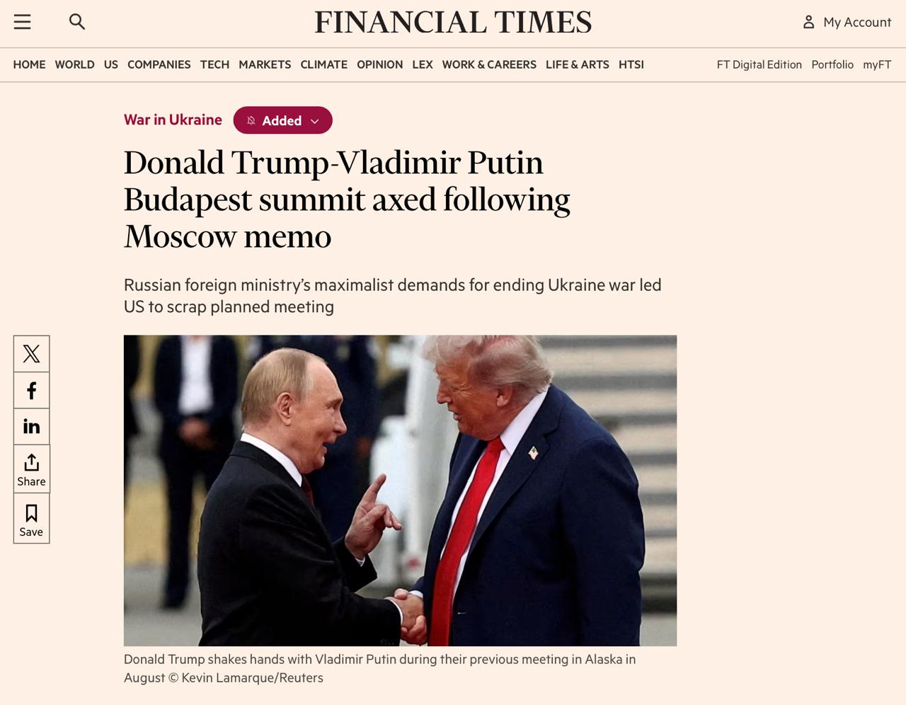 Встречу Трампа и Путина в Будапеште отменили из за меморандума МИДа и позиции явно уставшего Лаврова США отменили встречу Дональда Трампа с Владимиром Путиным в Будапеште после того как Россия направила Вашингтону меморандум в котором содержались жесткие требования к Украине а также последовавшего после этого телефонного разговора госсекретаря США Марко Рубио и главы МИД России Сергея Лаврова пишет Financial Times со ссылкой на источники Детали Речь идет о документе который МИД России направил Вашингтону через несколько дней после последнего телефонного разговора Путина и Трампа Меморандум содержал требование об устранении коренных причин вторжения в Украину сообщили три источника знакомых с ситуацией  К этим причинам относятся территориальные уступки резкое сокращение вооруженных сил Украины и гарантии того что она никогда не вступит в НАТО  После этого состоялся телефонный разговор между Лавровым и Рубио По его итогам Рубио сообщил Трампу что Москва не проявляет готовности к переговорам рассказал один из источников знакомых с ситуацией  По словам другого источника знакомого с ситуацией Трамп не был впечатлен их позицией  Решение отменить саммит в Будапеште стало кульминацией очередного разворота в политике Белого дома когда Трамп отказался от идеи поставить в Украину ракеты большой дальности Tomahawk и как казалось занял более выгодную для Путина позицию  Правда к этому времени официальные лица США уже начали испытывать растущие сомнения относительно дальнейшей результативности переговоров с Россией если Москва не изменит свою позицию пишет FT В частности чиновники Белого дома были поражены непримиримостью Лаврова который в ходе краткой и лаконичной встречи с Рубио в Нью Йорке в сентябре делал бескомпромиссные заявления ложно утверждая что Украина находится под властью нацистов  Цитата Лавров явно устал и похоже считает что у него есть дела поважнее чем встречаться или взаимодействовать с Соединенными Штатами чего бы ни хотел президент Путин сообщил источник знакомый с ситуацией  Трамп не отказался окончательно от идеи встретиться с российской делегацией если Кремль будет готов к прогрессу на переговорах о мире сообщает FT со ссылкой на источники Контекст О том что Кремль передал этот меморандум первым сообщили источники Reuters По их информации Москва передала Вашингтону неофициальный документ с повторением ее условий мирного урегулирования которые содержали требование о полном контроле России над Донбассом что фактически продемонстрировал отказ Кремля принять призыв Трампа к прекращению огня которое должно начаться с заморозки существующей линии фронта Однако агентство не уточняло что саммит был отменен именно из за этого документа Подпишитесь на Агентство