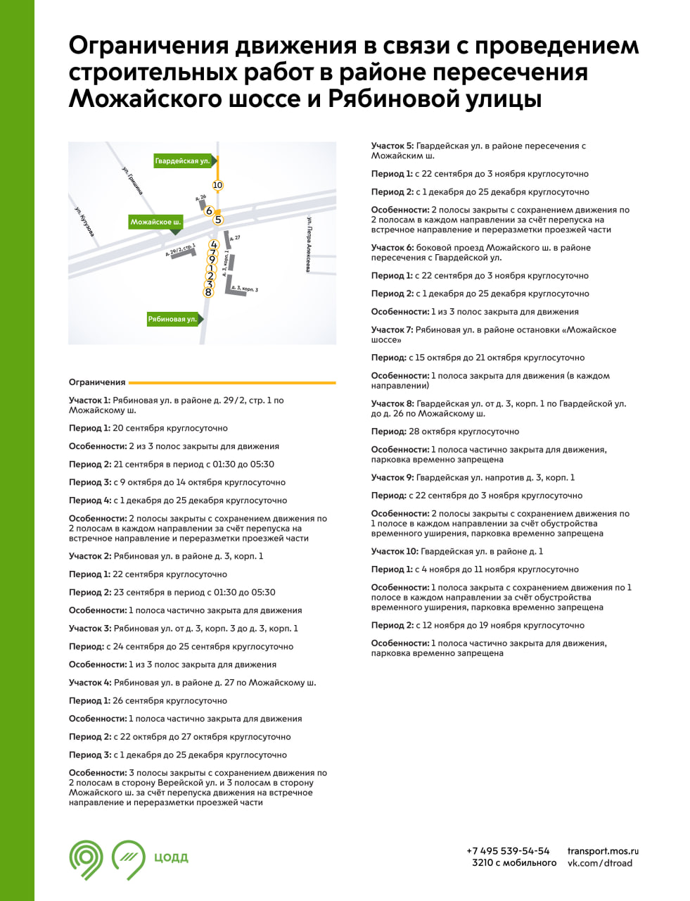 С 20 сентября до 25 декабря на участках улиц Рябиновой, Гвардейской, бокового проезда Можайского шоссе будут недоступны для движения 1-3 полосы в зависимости от даты и времени. Это связано с проведением строительных работ.   Также на некоторых участках ограничения будет запрещена парковка. Обращайте внимание на знаки.   Подробнее — на инфографике