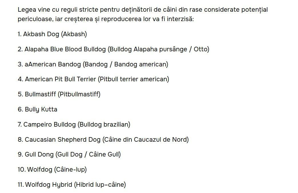 В Молдове запретят разведение отдельных пород собак Национальное агентство по безопасности пищевых продуктов ANSA сообщает что в Молдове будет ограничено разведение некоторых пород собак Как уточняют в ANSA эта мера соответствует европейским стандартам и направлена на защиту и благополучие животных а также на обеспечение безопасности детей соседей и владельцев собак В агентстве подчёркивают что решение принято для предотвращения трагических случаев связанных со сложностью управления животными с выраженными агрессивными инстинктами