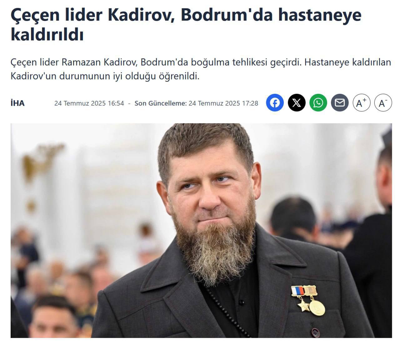 Кадыров чуть не утонул в Бодруме   Ставленник Кремля в оккупированной Чечне Рамзан Кадыров едва не погиб во время отдыха в турецком Бодруме — об этом сообщает Yeni Şafak на русском со ссылкой на другие СМИ.   Кадыров прибыл в район Муглы на побережье, где во время купания чуть не утонул. Его вытащили сотрудники береговой охраны 5-звёздочного отеля и доставили в больницу на скорой помощи.