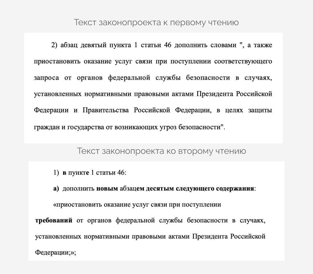 ФСБ сможет блокировать россиянам абсолютно всю связь даже в спокойное время без всяких угроз безопасности Согласно поправкам к закону О связи силовики смогут требовать от операторов отключения всего сотовой связи SMS мобильного интернета и даже домашнего интернета Раньше в документе использовалась формулировка запрос но теперь она сменилась на требование со стороны ФСБ Также из документа убрали любые упоминания угроз безопасности banki oil