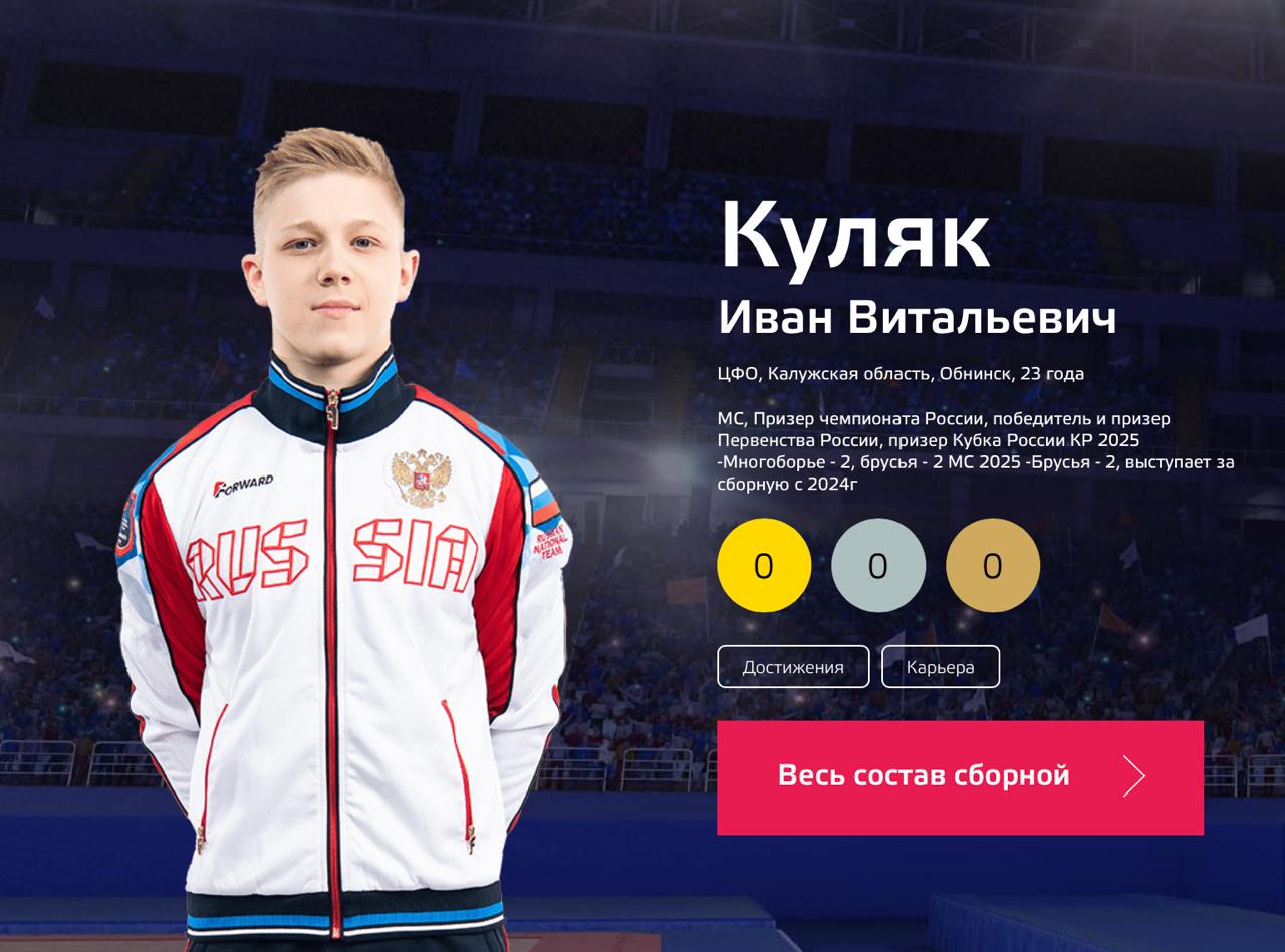Калужский гимнаст вошел в основной состав сборной РФ по спортивной гимнастике на 2026 год В списки сборных по спортивной гимнастике попали сразу 5 спортсменов из Обнинска Иван Куляк вошел в основной состав сборной России Кирилл Гашков в резерв основного состава а среди юниоров в сборную вошли Александр Васильев Парвиз Султонов и Варсик Арутюнян Подписаться Прислать новость