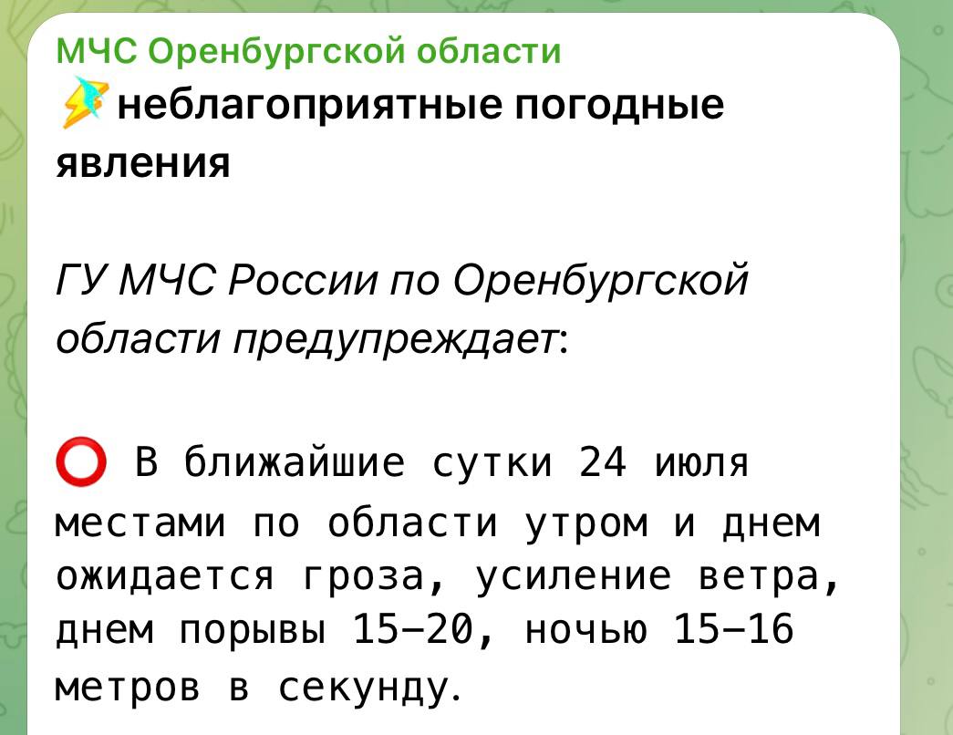 В Оренбуржье 24 июля прогнозируется гроза с ветром.