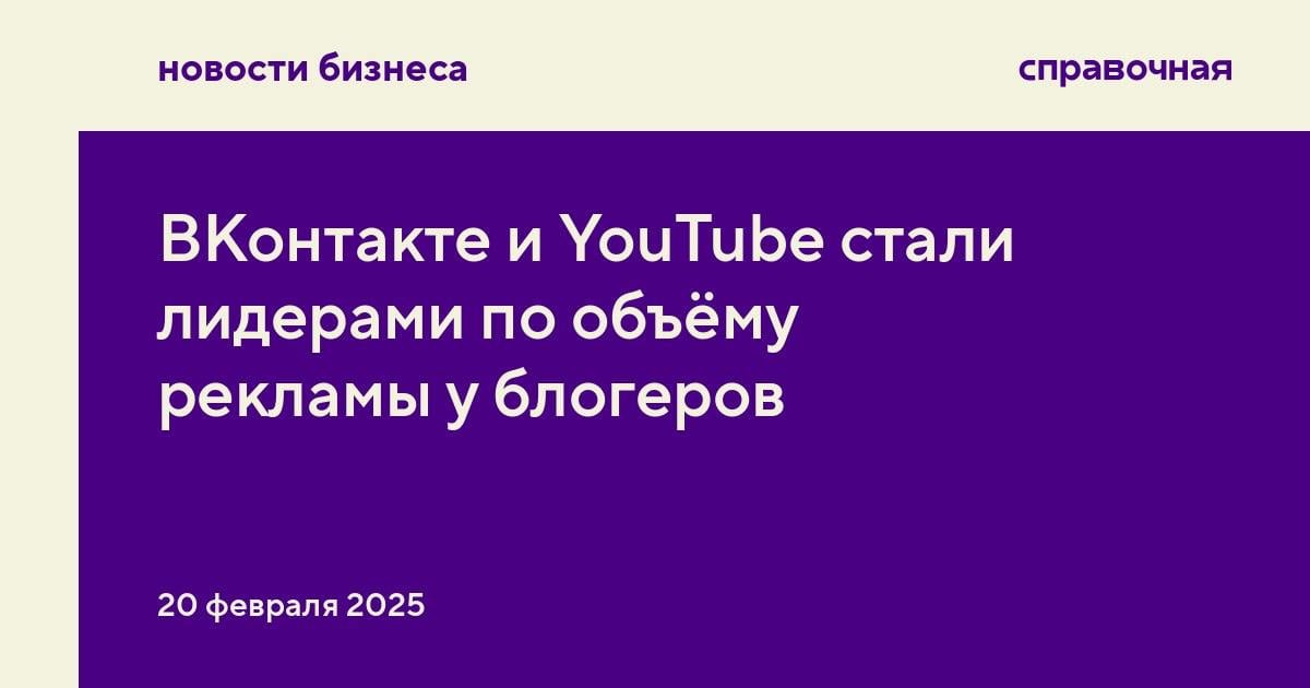 ВКонтакте и YouTube стали лидерами по объёму рекламы у блогеров. На российскую площадку пришлось 40% всех интеграций в России в 2024 году, на YouTube — 30%, показало исследование агентства Digital Church.   15% рекламы у блогеров приходится на Instagram  принадлежит Meta, которая признана экстремистской организацией и запрещена в РФ , а 10% — на Телеграм, Одноклассники, Rutube и Yappy.  В 2024 году объём рынка рекламы у блогеров составил 44 миллиарда рублей, на 37% больше, чем год назад. В Digital Church отмечают, что эта цифра может быть больше, поскольку существует и серый сегмент рынка, который не учитывается в статистике.   Самыми востребованным форматом у рекламодателей оказались эксклюзивные вертикальные видео. Горизонтальные ролики занимают второе место по популярности, третье — текстовые посты, истории и стримы. Благодаря высокой вовлеченности, по объёму интеграций лидируют семейные и детские блогеры.