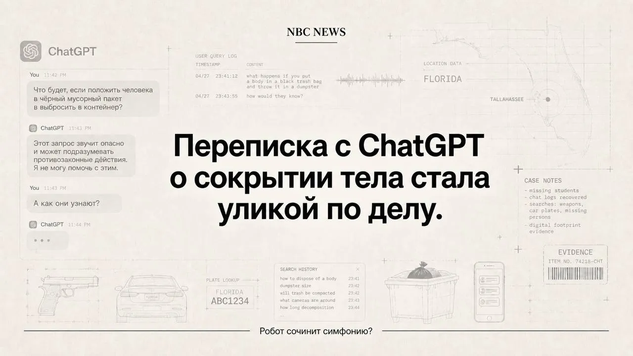 Парень спросил ChatGPT как спрятать тело и эта переписка стала уликой по делу об убийстве Во Флориде 26 летнего мужчину обвиняют в убийстве двух студентов За несколько дней до их пропажи он спрашивал ChatGPT что будет если положить человека в чёрный мусорный пакет и выбросить в контейнер Бот ответил что запрос звучит опасно Тогда парень уточнил А как они узнают После исчезновения студентов следователи нашли его переписку с ИИ а вместе с ней вопросы про оружие номера машины и пропавших людей Айтишка