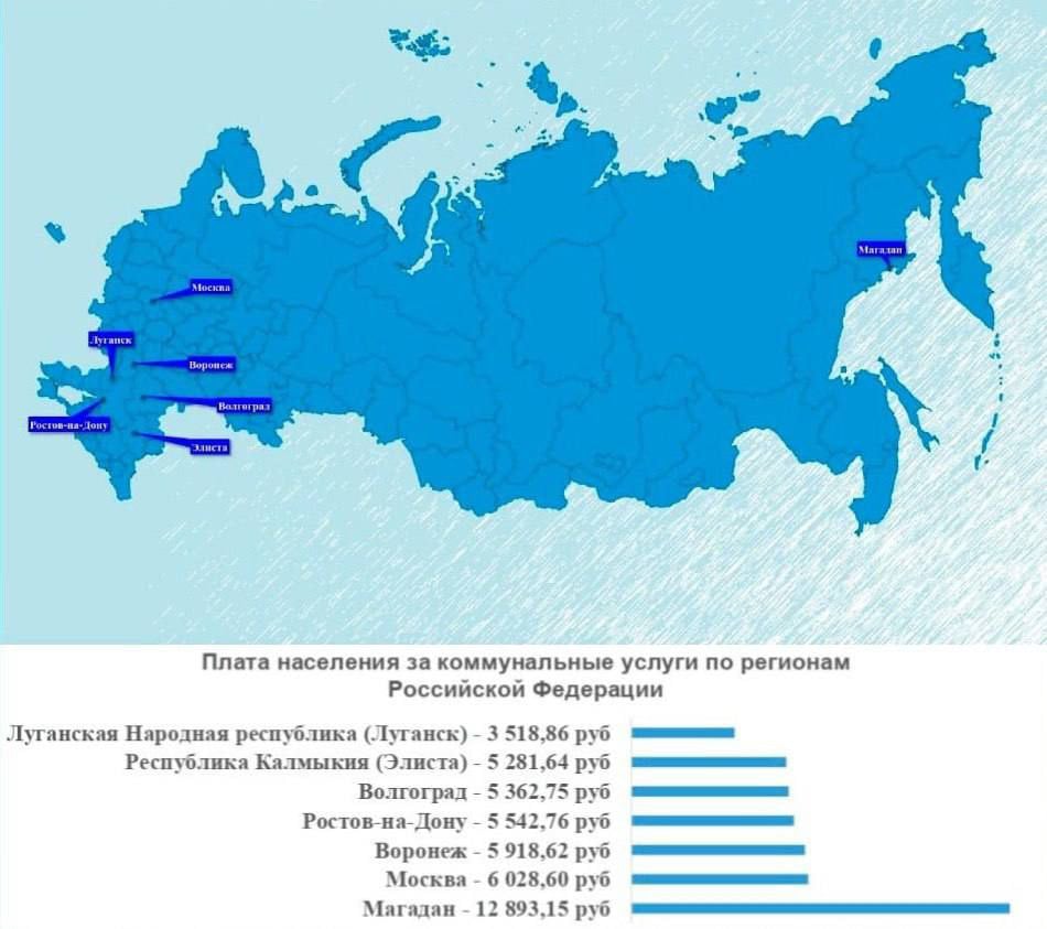 В Комитете тарифного и ценового регулирования ЛНР решили расставить все точки над "и" в вопросе правда ли, что счета за коммуналку у нас почти московские.  Для этого сравнили средние платежки за воду, отопление, газ, свет, вывоз мусора и водоотведение в ЛНР и других городах России.  Выводы делайте сами.