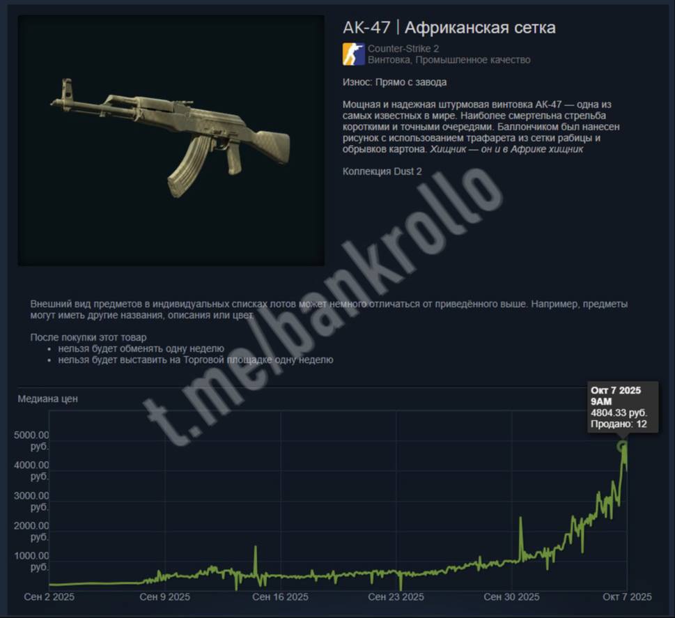 Скин AK 47 в CS2 в моменте взлетел в 25 раз с 200 до 5000 рублей bankrollo