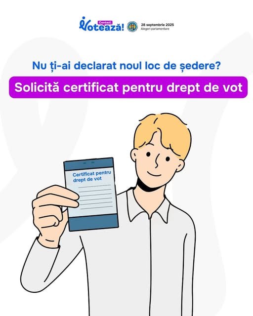 Избиратели которые не зарегистрировали новое место жительства могут получить открепительный сертификат для голосования на выборах ЦИК сообщает что сертификат можно получить до 27 сентября Для этого необходимо обратиться в избирательный участок по месту регистрации предъявить удостоверение личности подать заявление и получить сертификат позволяющий голосовать на любом участке страны Подпишись на Moldova Liberă