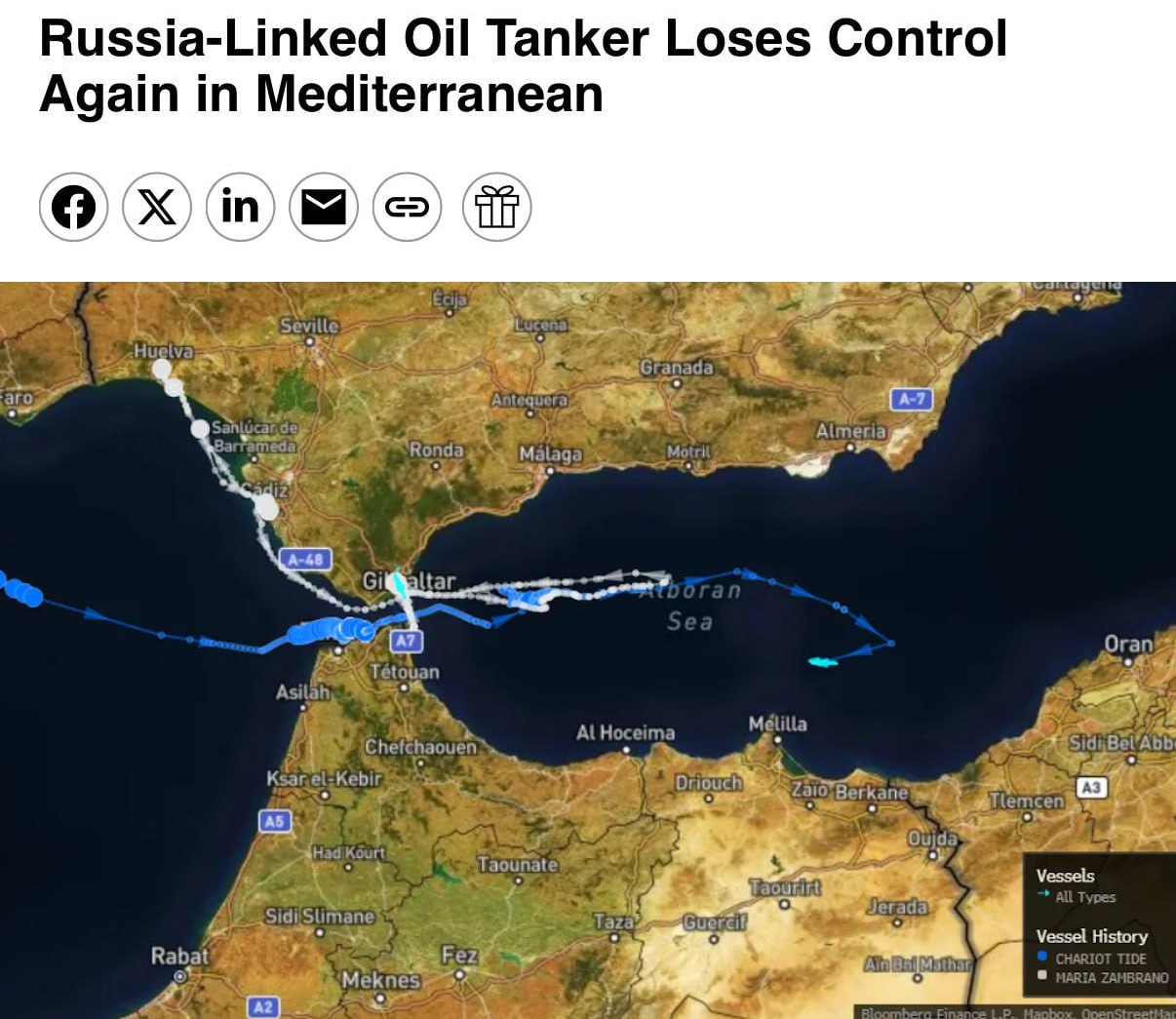 Танкер с российской нефтью снова потерял управление в Средиземном море Bloomberg По данным издания нефтеналивное судно Chariot Tide под санкциями ЕС и Великобритании несколько дней шло со статусом не управляется не имея возможности маневрировать и избегать столкновений На борту около 300 тыс баррелей дизеля загруженных в российском порту Приморск Геополитика