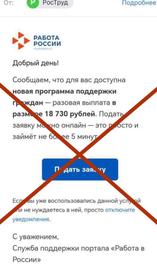Мошенники предлагают разовую выплату жителям Оренбургской области и представляются Рострудом Оформить 18 730 рублей они предлагают с помощью подачи заявки Но для этого нужно перейти по ссылке Соответствующие письма приходят на почту В министерстве труда сообщили что Роструд кадровые центры и Работа России не рассылают письма о выплатах поэтому переходить по ссылкам нельзя