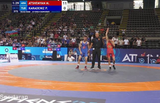 Армянский борец Марат Ачемян завоевал бронзу на ЧМ U17, "разгромив" турецкого спортсмена Полата Карадениза.   Другой армянский спортсмен Завен Межлумян  60 кг  одержал победу со счетом 5:2 в поединке за бронзу над украинским борцом Денисом Серединой.