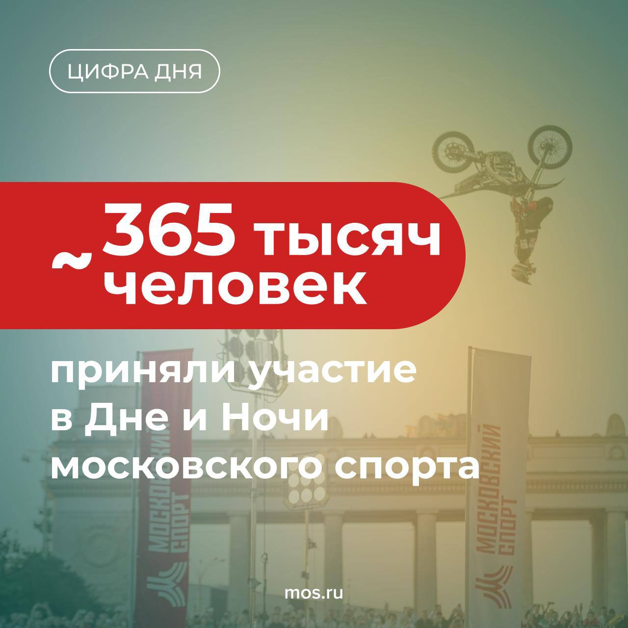  Почти 365 тысяч человек приняли участие в Дне и Ночи московского спорта 5 июля. В олимпийском комплексе «Лужники» можно было встретиться с известными спортсменами и бесплатно поучаствовать в соревнованиях по различным дисциплинам, а на Пушкинской площади — присоединиться к массовым тренировкам по сайклингу с музыкальным сопровождением диджеев. Также на различных площадках в центре Москвы прошли показательные выступления и соревнования по настольному теннису, брейк-дансу и роуп-скиппингу.