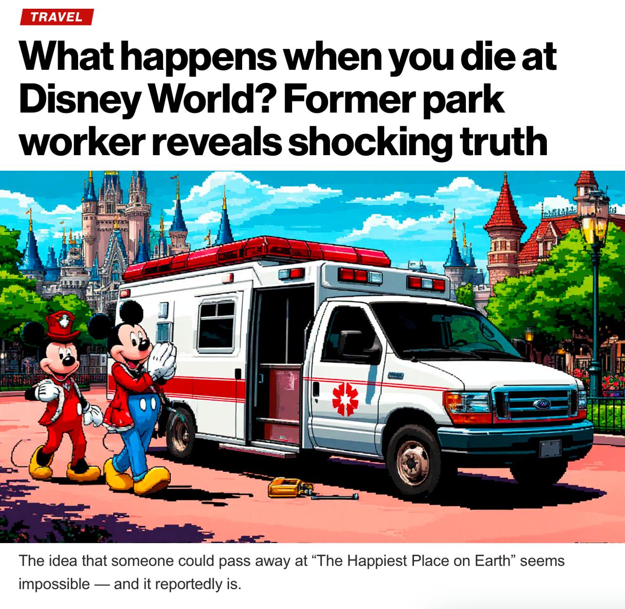 Disneyland запрещает посетителям умирать на территории их парков Сотрудники рассказывают о том что есть негласное правило внутри не должно произойти ни одной смерти Если человеку становится плохо то медики стараются реанимировать пациента до тех пор пока не покинут территорию Disney Только после этого они могут зафиксировать летальный исход Компания строго соблюдает протокол чтобы сохранить образ самого счастливого места в мире Подписывайся на PRO Бизнес YouFast VPN AML бот Шерлок