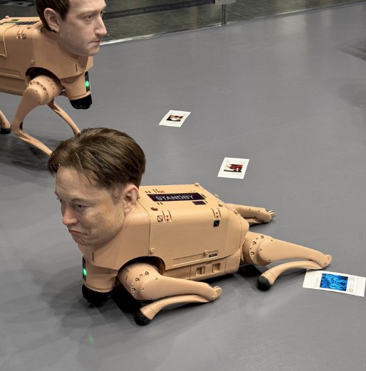 В США показали инсталляцию от Beeple робособаки с головами Маска Безоса Цукерберга и других разгуливали по мини павильону фотографировали окружение и потом эти снимки выкакивали в том числе с кодами для получения NFT Так художник хотел обыграть мысль что пользователи видят мир глазами владельцев бигтеха которые контролируют интернет с помощью алгоритмов vc ru offline 2632046