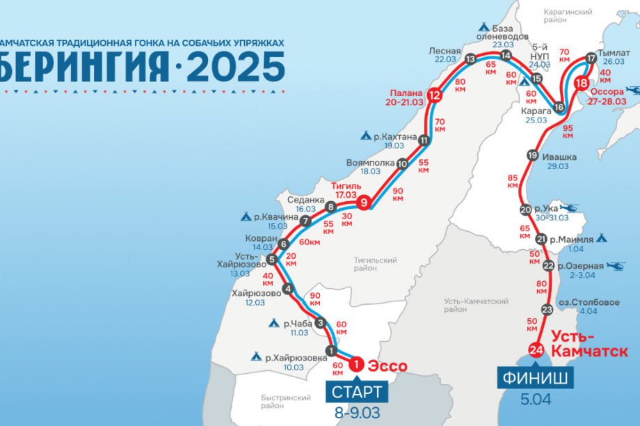 В селе Эссо 10 марта началась «Берингия» — ежегодная гонка на собачьих упряжках, которая в этом году проходит в двух номинациях: до посёлка Оссора  1005 км  и до посёлка Усть-Камчатск  1425 км , передаёт ИА Камчатка». Из 12 участников на старт вышли 10. Двое — Андрей Притчин и София Яганова — не смогли продолжить участие: Притчин по состоянию здоровья, а Яганова по собственному желанию. Каюры соревнуются на упряжках из 8–10 и 11–14 собак соответственно. Финиш гонки и награждение победителей, по планам организаторов, состоятся 5 апреля в Усть-Камчатске. Следить за передвижением участников можно онлайн:   У каждого каюра есть GPS-маячок, что позволяет в реальном времени видеть, сколько километров пройдено за день, кто лидирует и с какой скоростью идёт гонка.  Источник:     Информационное агентство Камчатка