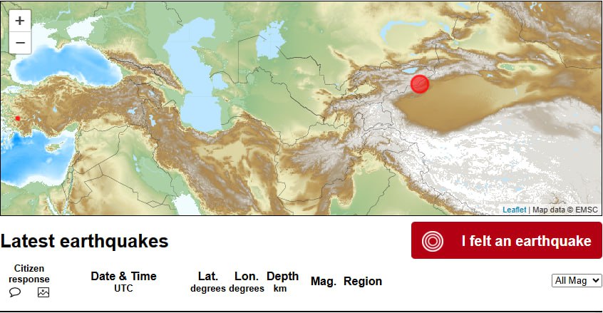 Бишкекчане почувствовали сильное землетрясение произошедшее в Китае По данным Европейско средиземноморского сейсмологического центра EMSC очаг землетрясения магнитудой 6 4 располагался в южном Синьцзяне Sputnik Kyrgyzstan