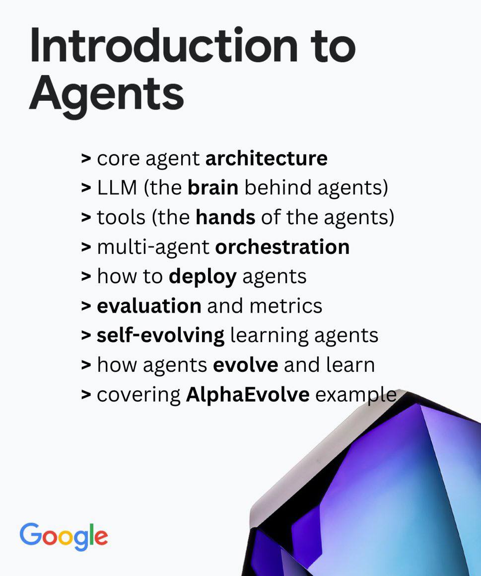 Google выложил новый мастрид для всех кто хочет создавать ИИ агентов 50 страничный гайд по полочкам разложит всё что вам нужно знать Архитектура агентов от LLM до инструментов Многоагентные системы Как оценивать качество работы и метрики Как деплоить агентов в прод Самообучающиеся агенты Практический пример с AlphaEvolve Сохраняйте тут Также сегодня начался бесплатный 5 дневный интенсив по ИИ агентам от Google и Kaggle здесь notboring tech