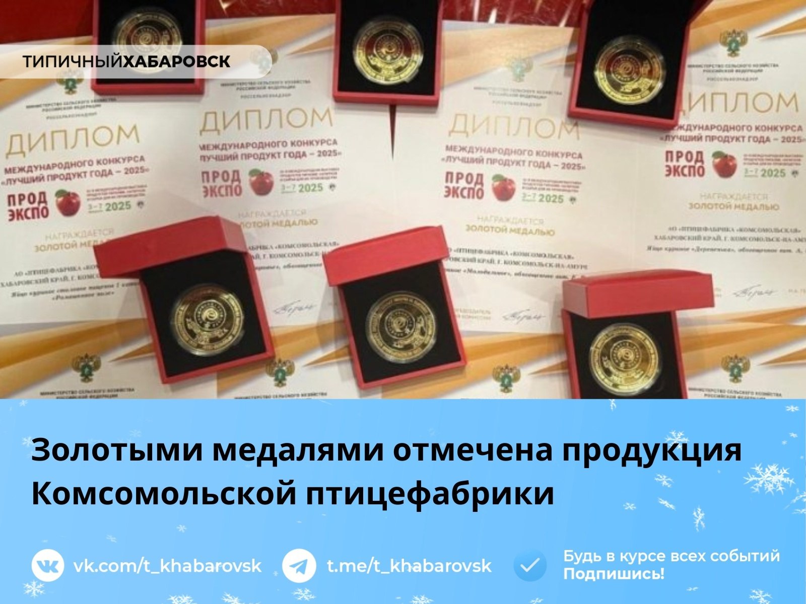 Золотыми медалями отмечена продукция Комсомольской птицефабрики  Продукция Комсомольской птицефабрики получила восемь золотых медалей на международном конкурсе «Лучший продукт года – 2025» в рамках выставки «Продэкспо».   Награды присвоены различным категориям куриных яиц, включая обогащенные йодом и омега 3. В 2024 году регион достиг 90-процентной самообеспеченности яйцом, произведя 337,7 миллионов штук, что на 1,4 раза больше, чем в прошлом году.   Продукция выпускается под брендом «Ромашковое поле».