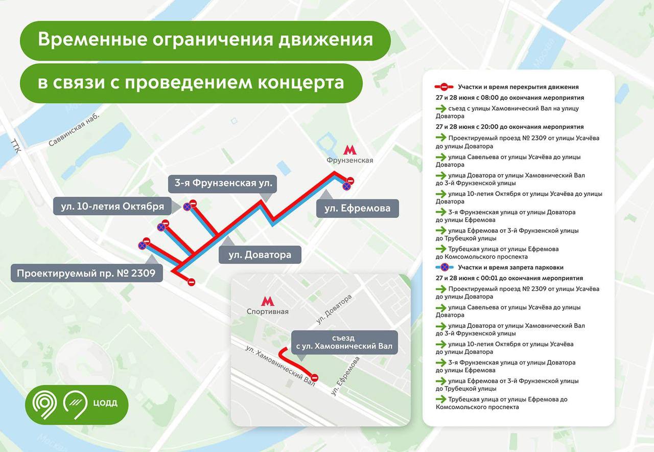 Движение в районе Лужников временно перекроют 27 и 28 июня. Это связано с проведением концерта Басты. С 8:00 до окончания мероприятия нельзя будет съехать с улицы Хамовнический Вал на улицу Доватора. С 20:00 закроют участки улиц Савельева, Доватора, 10-летия Октября, 3-й Фрунзенской, Ефремова и Трубецкой. Нельзя проехать по участку Проектируемого проезда № 2309 от Усачевой улицы до улицы Доватора. На некоторых участках ограничений будет действовать запрет на парковку 27 и 28 июня с 0:01 мск до окончания концерта. Водителям рекомендовали учитывать временные изменения и планировать свои поездки заранее. Инфографика: Дептранс Москвы