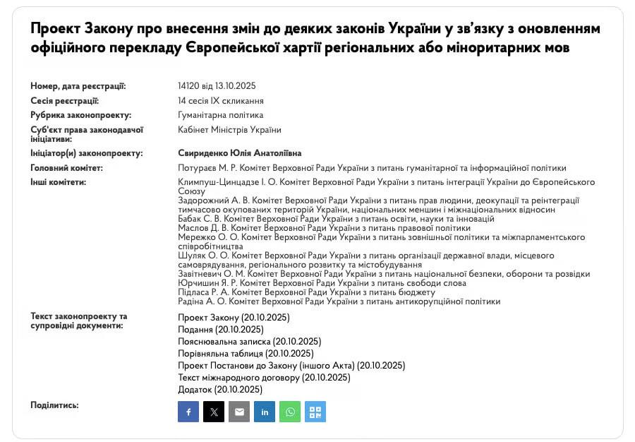 Русский и молдавский языки хотят исключить из перечня языков подлежащих защите в Украине Законопроект внесённый Кабмином предусматривает изменение перечня языков на которые распространяется действие Европейской хартии региональных или миноритарных языков Авторы законопроекта предлагают исключить русский и молдавский языки из перечня языков подлежащих защите в пределах Хартии добавить чешский язык заменить еврейский на иврит По мнению авторов документа в ходе ратификации Хартии английский термин minority languages был неправильно переведён с русского поэтому речь идёт не о нацменьшинствах а о языках на которых говорят малые группы людей Инициаторы полагают что русский остаётся наиболее распространённым языком нацменьшинств в Украине и может вытеснить украинский из публичной сферы поэтому его предлагается исключить из перечня Молдавский же по причине того что в Молдове с декабря 2023 официально закреплён статус румынского языка как государственного Напомним свободное использование и развитие русского языка прописано в Конституции Сайт Страна X Twitter Прислать новость фото видео Реклама на канале Помощь