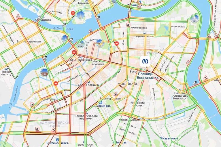 Огромные пробки сковали Петербург Второй день ПМЭФ подходит к концу, а тем временем «Яндекс. Пробки» показывают багровые 9 баллов. Медленное движение авто на Невском проспекте — протяженность затора составляет почти три километра. Не легче сейчас тем, кто оказался на набережной Обводного канала в окрестностях Балтийского вокзала, а также на Измайловском проспекте, Московском проспекте, Загородном проспекте и Садовой улице. : «Яндекс. Пробки» : СПб — отдай свой буст нам