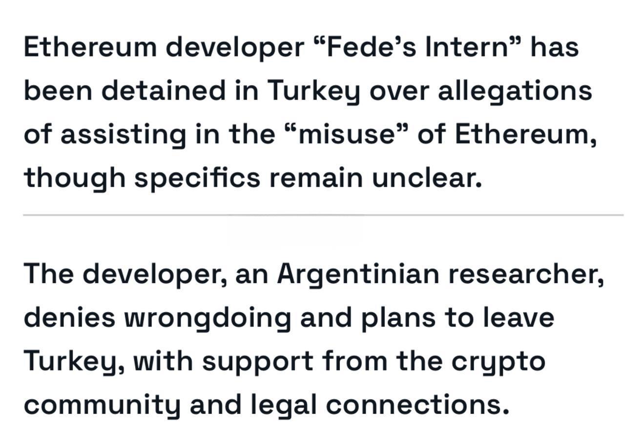 Разработчик Ethereum задержан Разработчик Ethereum, известный как «Fede’s intern», был задержан в Турции. Его подозревают в мошенничестве, и об этом сообщил министр внутренних дел страны.