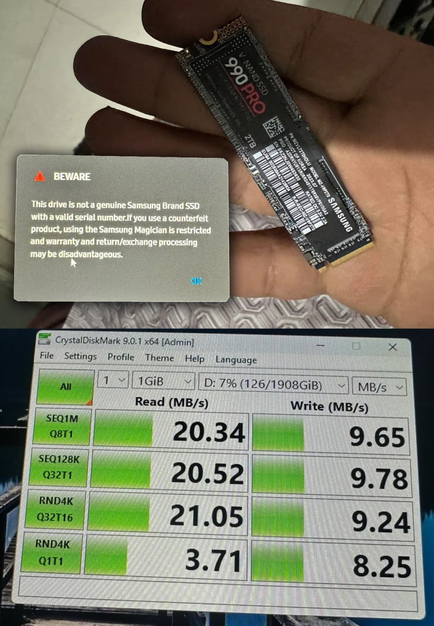 Поддельный SSD Samsung 990 PRO показал скорость 9 МБ с Кризис памяти породил еще больше мошенничества с SSD Пользователь Reddit приобрел SSD Samsung 990 PRO объемом 2 ТБ по заметно заниженной цене 207 вместо обычных 327 Устройство выглядело как оригинальный продукт и корректно определялось Windows и утилитой CrystalDiskInfo Однако скорости чтения и записи оказались на уровне USB 2 0 То что устройство является подделкой с недействительным серийным номером указала только официальная утилита Samsung Magician Мы снимали отдельный выпуск о таких накопителях будьте внимательны Мой Компьютер