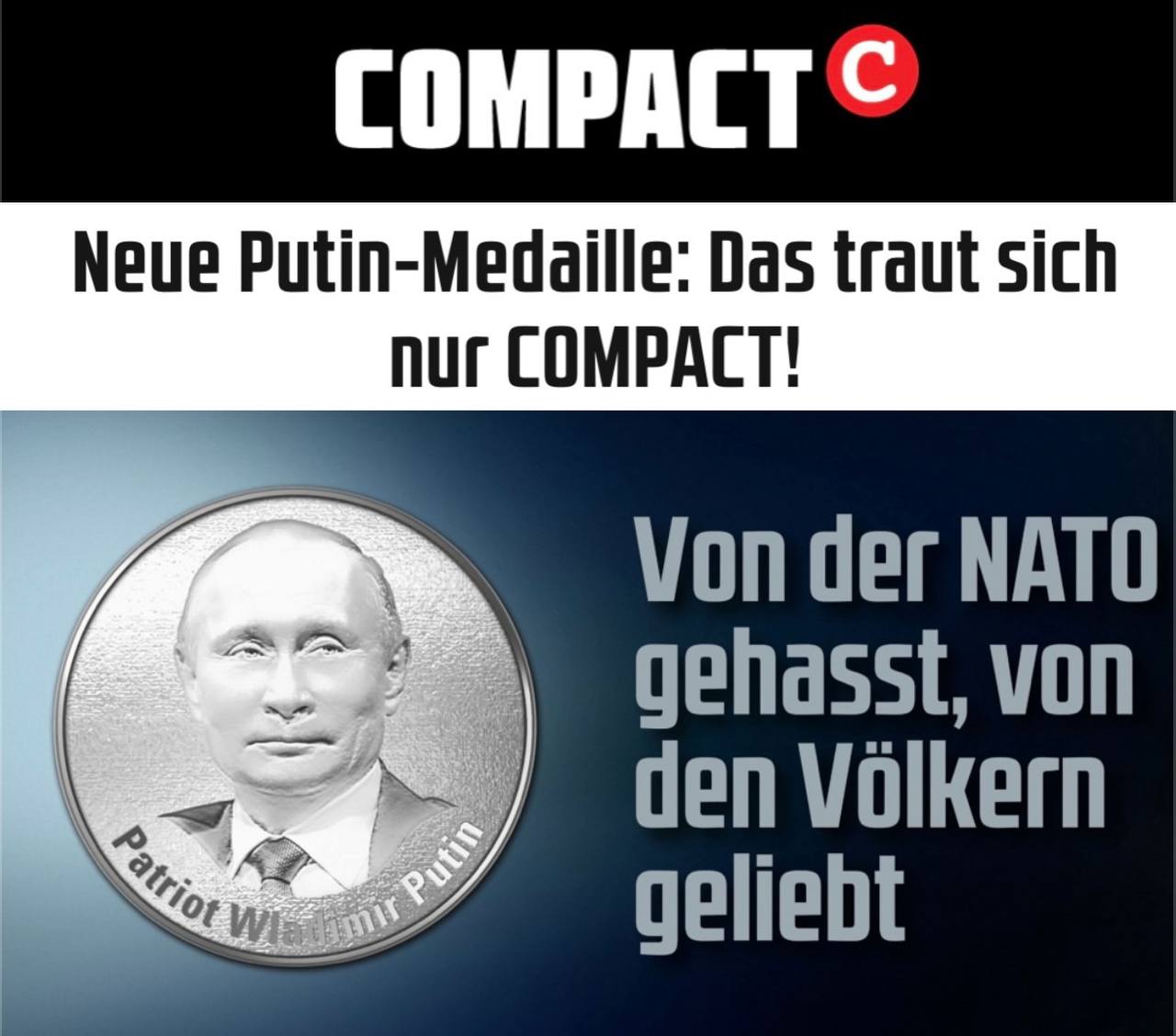 Немецкий политический журнал Compact объявил о выпуске монеты с изображением портрета Владимира Путина Сувенир выполнен из серебра В описании серебряной монеты под названием Патриот Путин указано что она символизирует стойкость мужество и победу над западным мейнстримом Представитель издания Андре Плаггенборг комментируя решение Известиям указал на желание символически выразить поддержку российскому лидеру Подписаться Читать эксклюзив